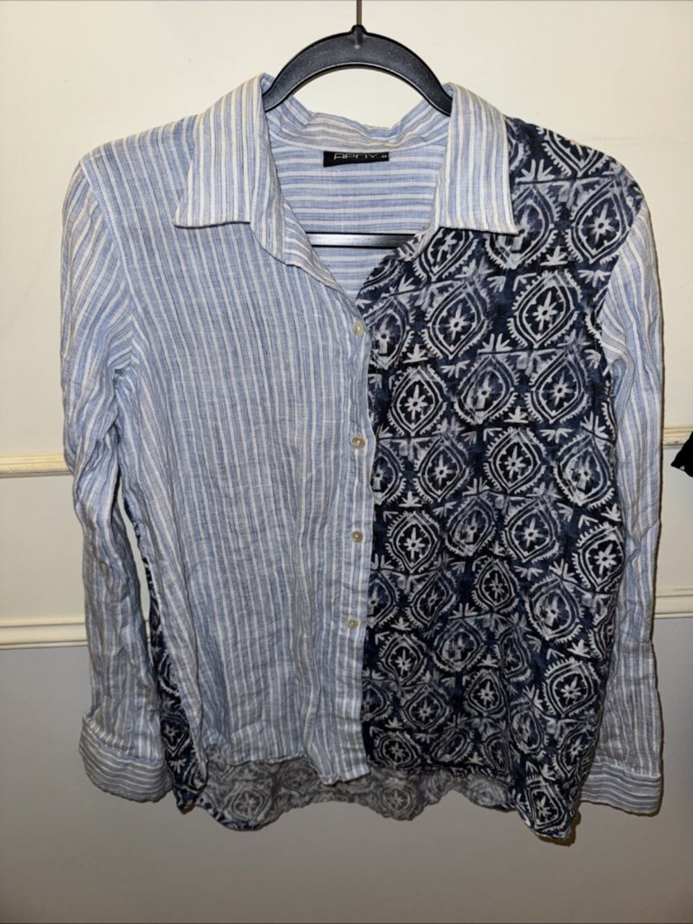 APNY Pink Two-Toned Blue Striped Button Up Floral Back panel Linen Blouse Medium